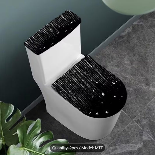 2pcs Starry Rain Black Curtain Pattern Printed Toilet Lid and Tank Cover Set