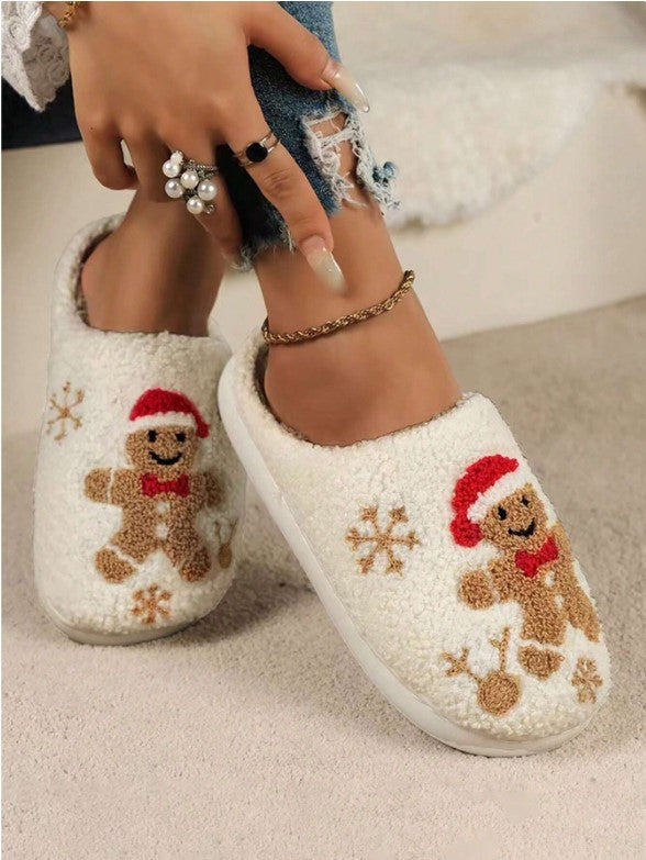 🍪❄️ Gingerbread Man & Snowflake Embroidered Slippers ❄️🍪