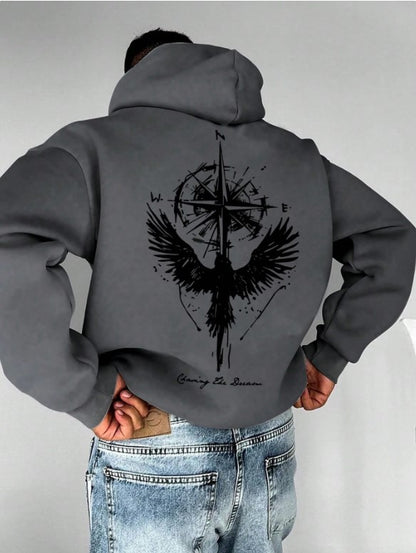 🧭🕊️ Men’s Casual Compass & Bird Print Hoodie 🕊️🧭