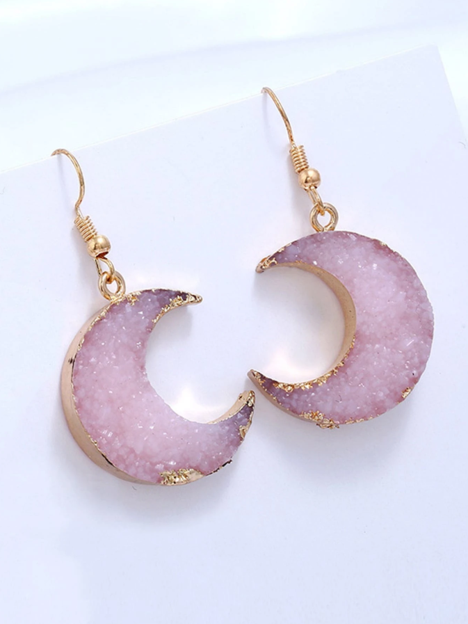 🌙 Pink Druzy Crescent Moon Drop Earrings 🌙