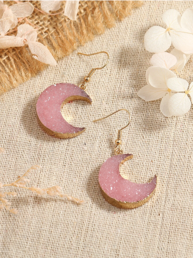 🌙 Pink Druzy Crescent Moon Drop Earrings 🌙