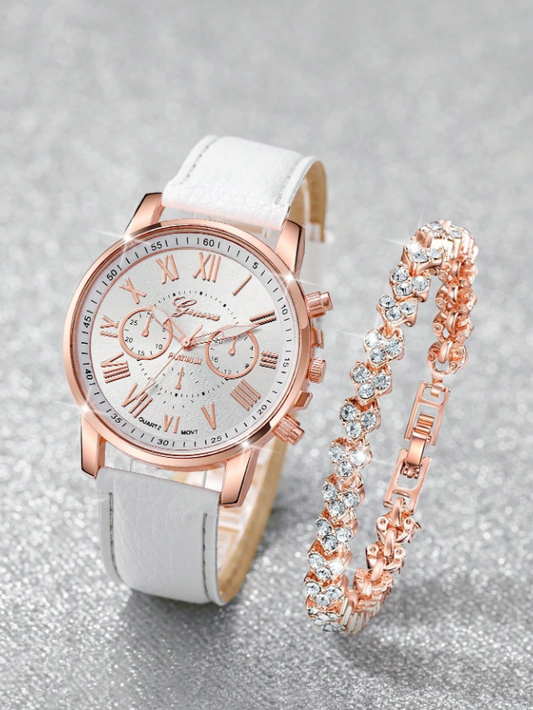 ⌚ White PU Strap Watch & Rhinestone Bracelet ⌚