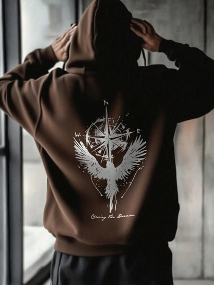 🧭🕊️ Men’s Casual Compass & Bird Print Hoodie 🕊️🧭