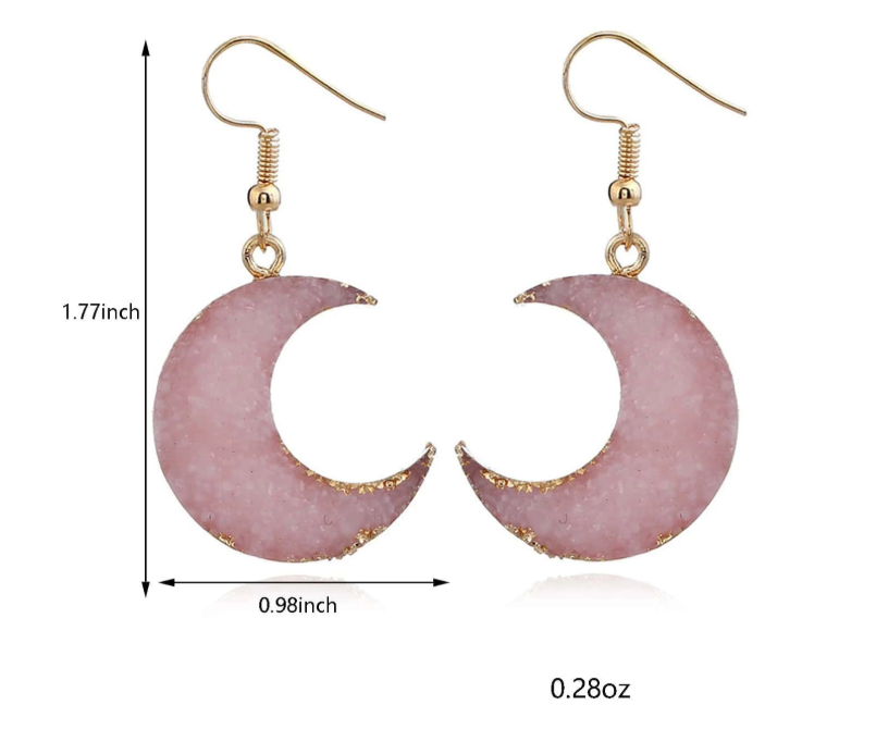 🌙 Pink Druzy Crescent Moon Drop Earrings 🌙