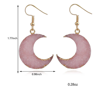 🌙 Pink Druzy Crescent Moon Drop Earrings 🌙