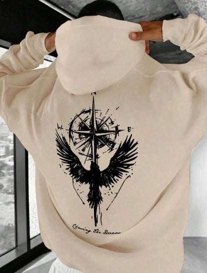 🧭🕊️ Men’s Casual Compass & Bird Print Hoodie 🕊️🧭