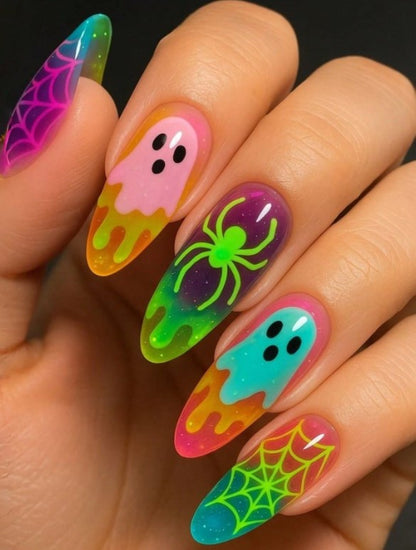 👻🧪 Neon Slime Ghost & Spiders False Nails 🧪👻