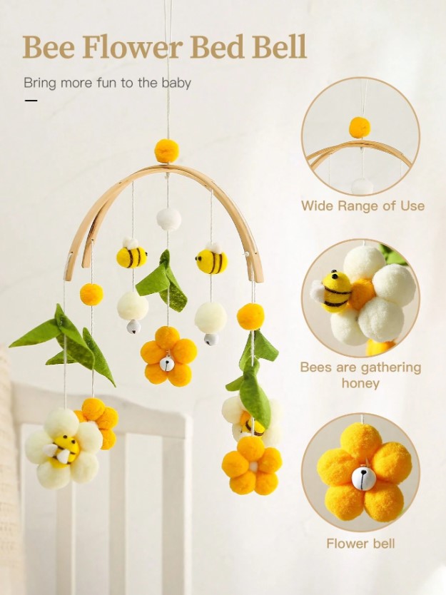 🌼🐝 Baby Bee & Flower Wooden Arc Woven Crib Mobile 🐝🌼
