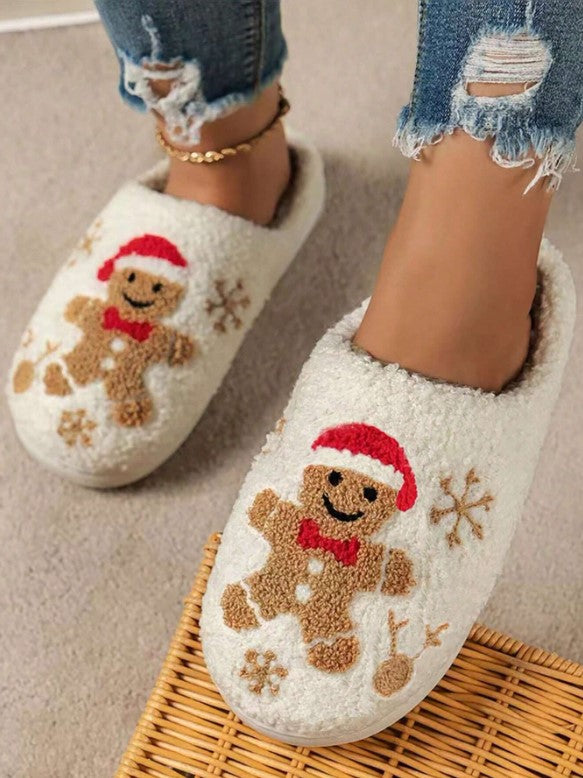 🍪❄️ Gingerbread Man & Snowflake Embroidered Slippers ❄️🍪