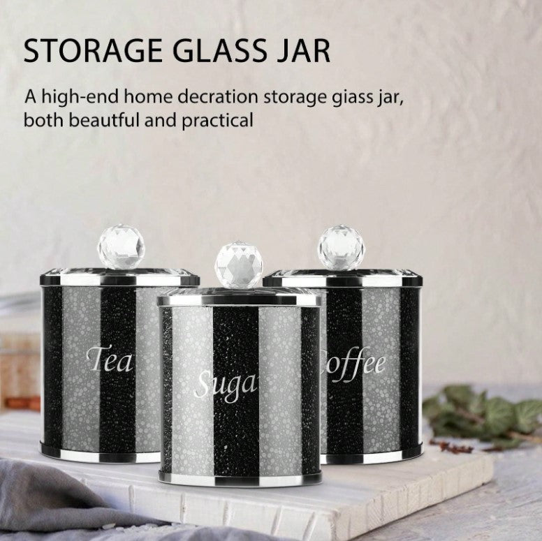 🖤 3pc Diamante Black Glass Crushed Diamond Tea, Coffee & Sugar Jar Set 🖤