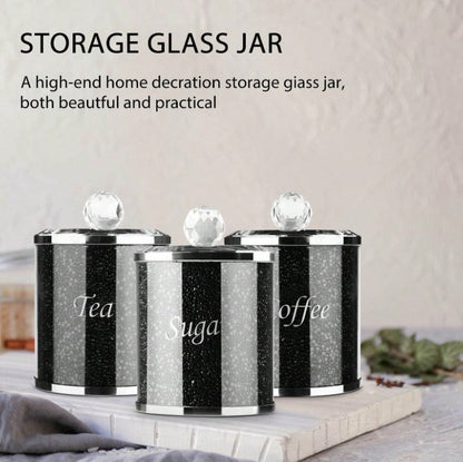 🖤 3pc Diamante Black Glass Crushed Diamond Tea, Coffee & Sugar Jar Set 🖤