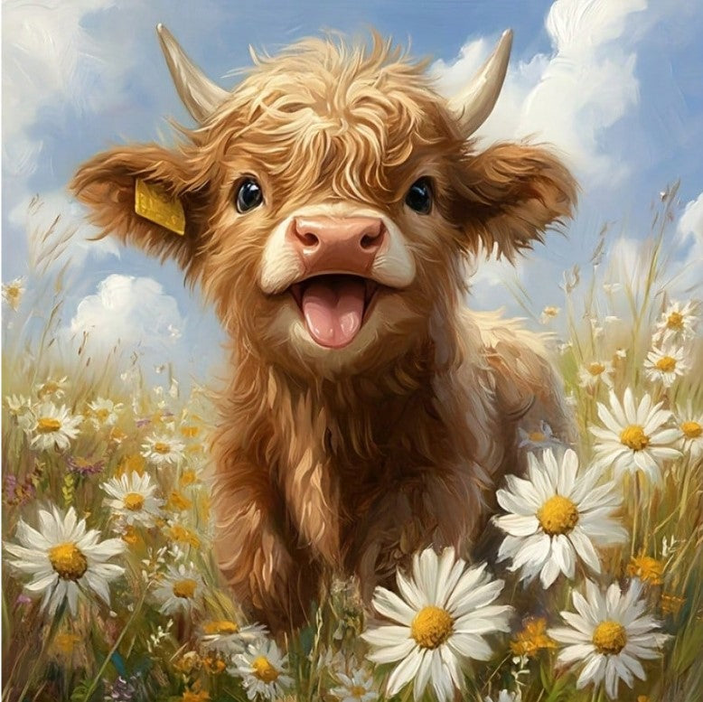 🐮 Baby Highland Cow in a Daisy Field Diamond Painting Kit 🐮