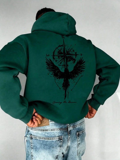 🧭🕊️ Men’s Casual Compass & Bird Print Hoodie 🕊️🧭