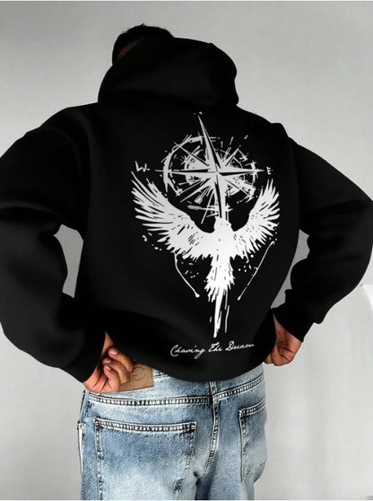 🧭🕊️ Men’s Casual Compass & Bird Print Hoodie 🕊️🧭