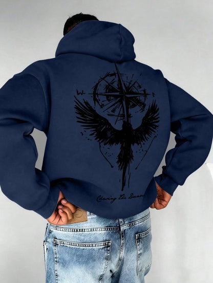 🧭🕊️ Men’s Casual Compass & Bird Print Hoodie 🕊️🧭