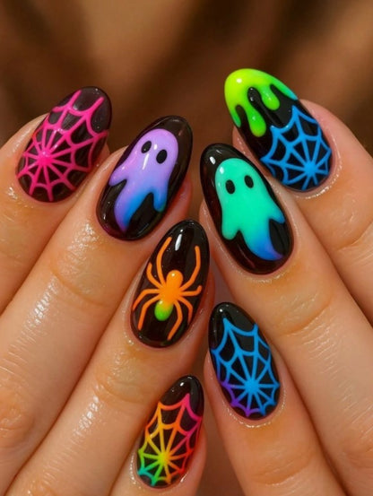 🕷️👻 Neon Ghost & Spider False Nails 👻🕷️