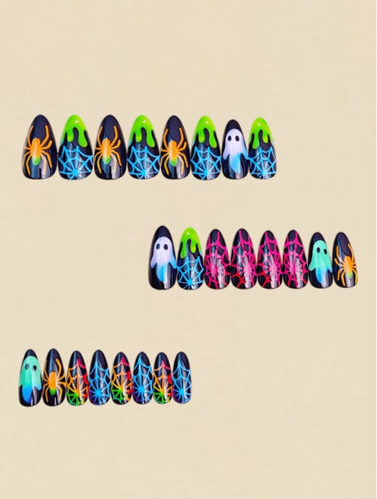 🕷️👻 Neon Ghost & Spider False Nails 👻🕷️