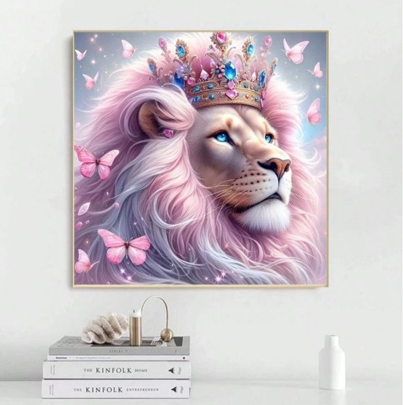 🦁 Pink Majestic Lion – Full Round Diamond Painting Kits