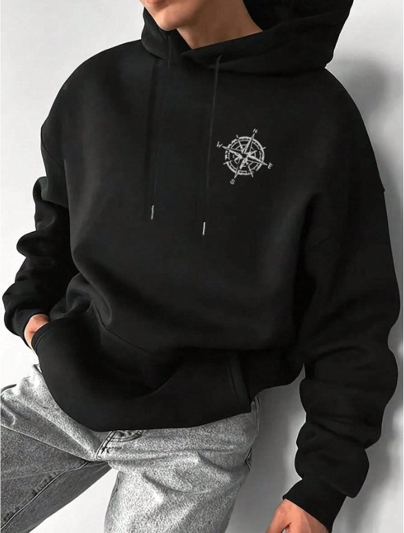 🧭🕊️ Men’s Casual Compass & Bird Print Hoodie 🕊️🧭