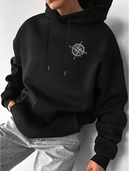 🧭🕊️ Men’s Casual Compass & Bird Print Hoodie 🕊️🧭