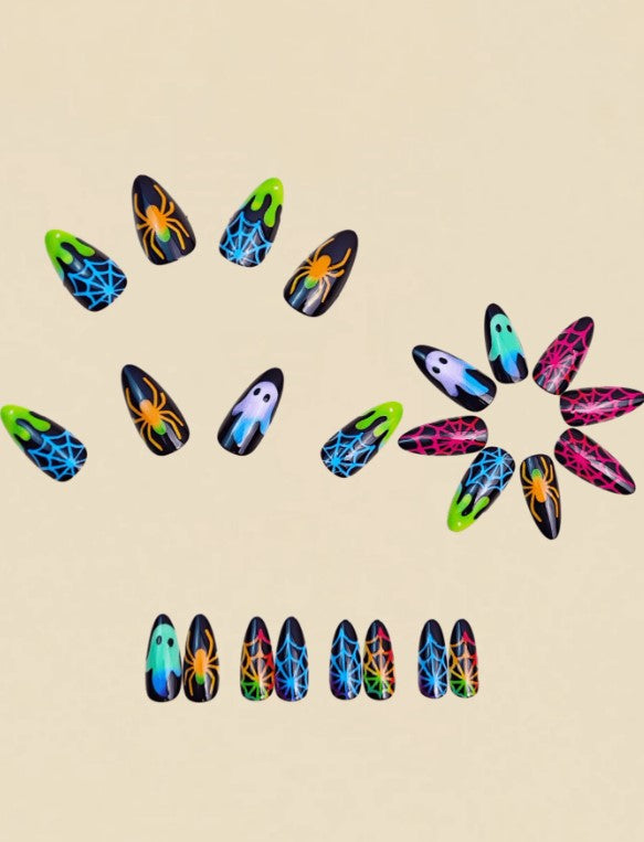 🕷️👻 Neon Ghost & Spider False Nails 👻🕷️