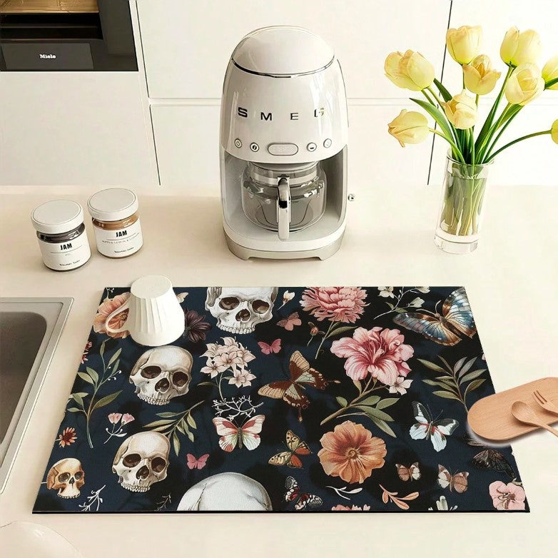 💀🦋 Floral Skull & Butterfly Absorbent Mat 🦋💀
