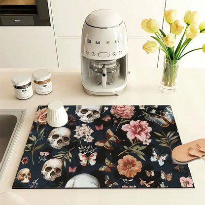 💀🦋 Floral Skull & Butterfly Absorbent Mat 🦋💀