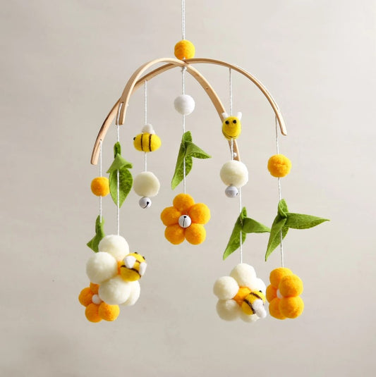 🌼🐝 Baby Bee & Flower Wooden Arc Woven Crib Mobile 🐝🌼