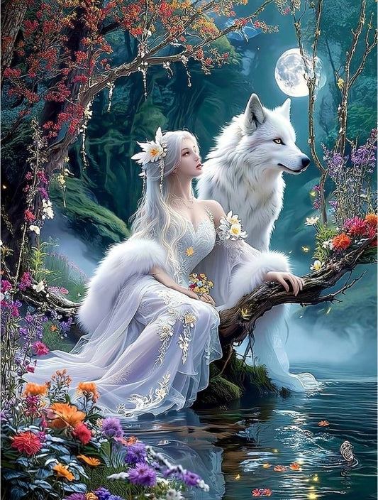 🐺 Mystical Princess With Pet Wolf Diamond Painting Kit 🐺