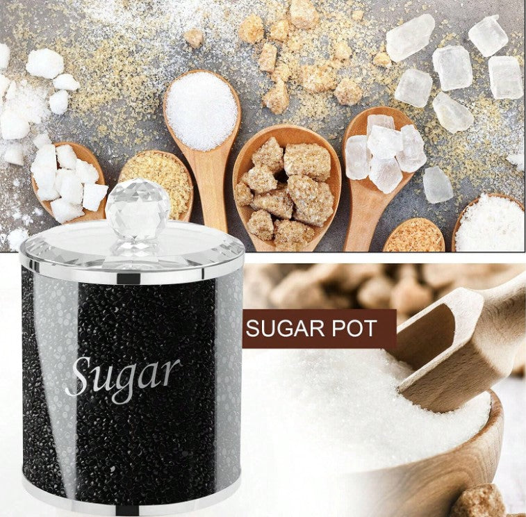 🖤 3pc Diamante Black Glass Crushed Diamond Tea, Coffee & Sugar Jar Set 🖤