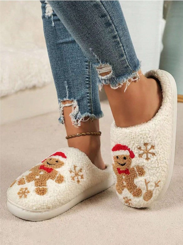 🍪❄️ Gingerbread Man & Snowflake Embroidered Slippers ❄️🍪