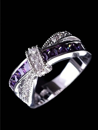 💜 Banquet Purple Rhinestone Exquisite Luxury Bow Ring 💜