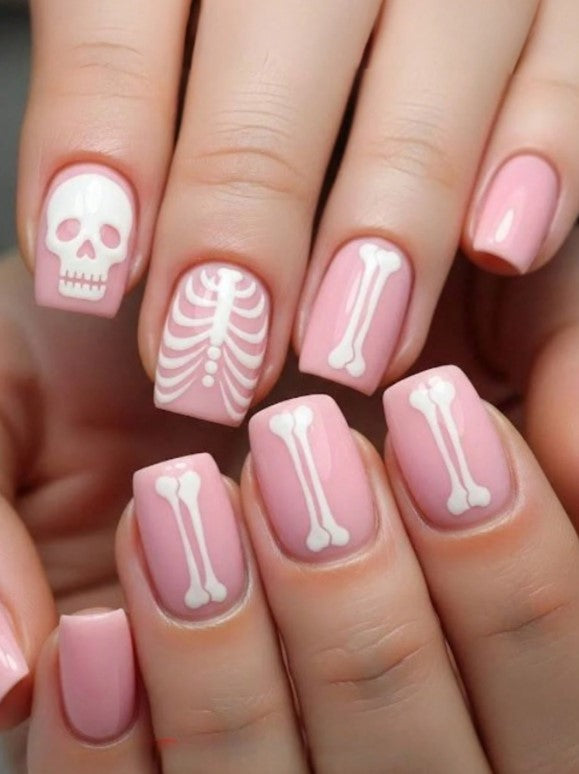 💀🎀  Cute Pink Skeleton False Nails 🎀💀