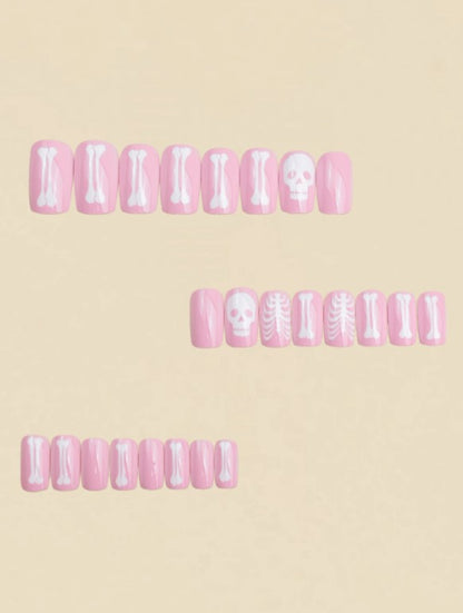 💀🎀  Cute Pink Skeleton False Nails 🎀💀