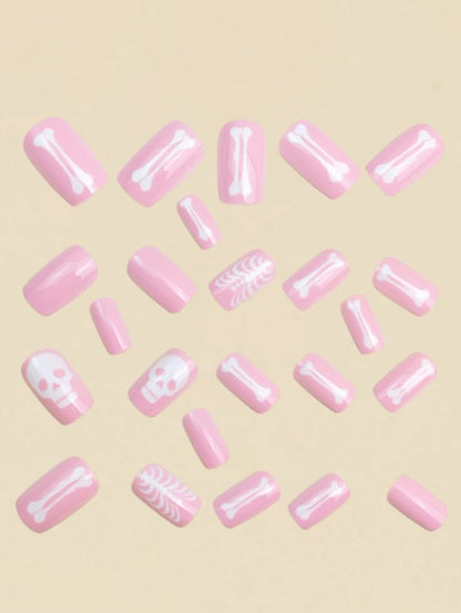 💀🎀  Cute Pink Skeleton False Nails 🎀💀
