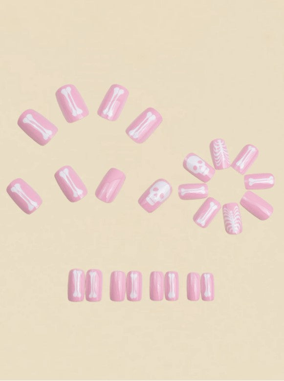 💀🎀  Cute Pink Skeleton False Nails 🎀💀