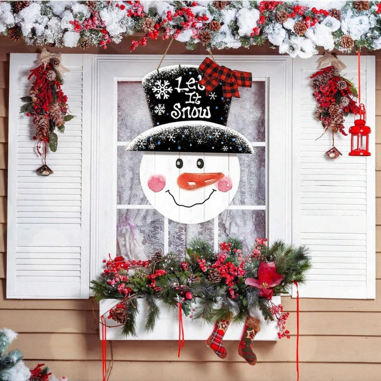 ☃️ Large Christmas Snowman Wooden Hanging Sign – “Let It Snow” ☃️
