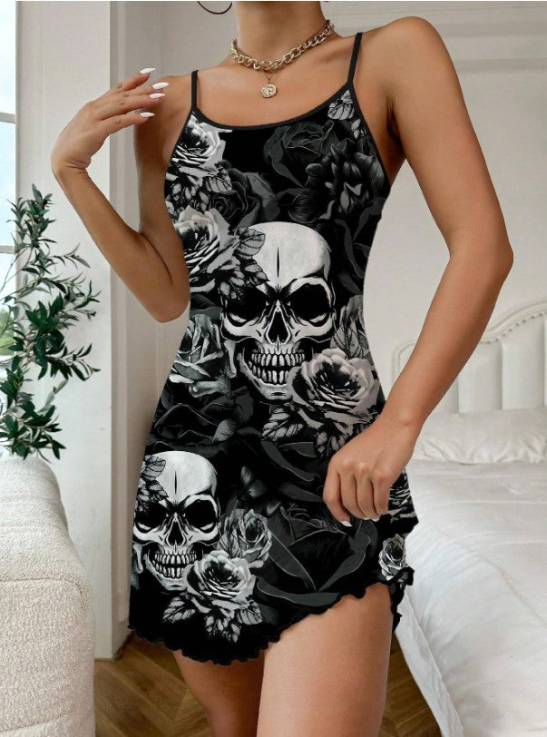 🖤🌹 Gothic Rose With Skull Print Slip Dress/Nightie 🌹🖤