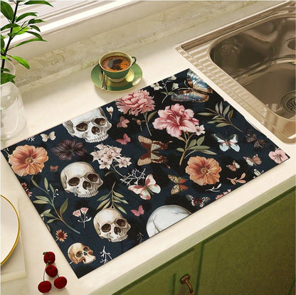 💀🦋 Floral Skull & Butterfly Absorbent Mat 🦋💀