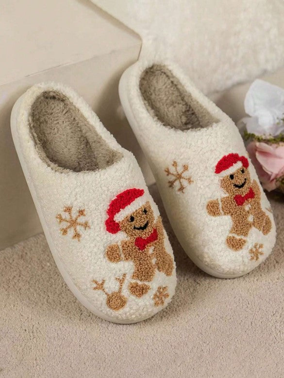 🍪❄️ Gingerbread Man & Snowflake Embroidered Slippers ❄️🍪