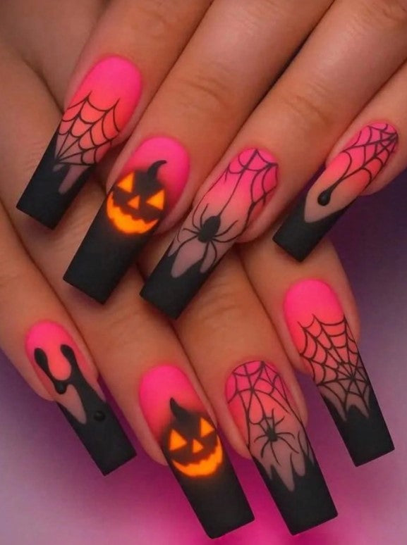 🎀🎃 Pink Pumpkin & Sider False Nails 🎃🎀