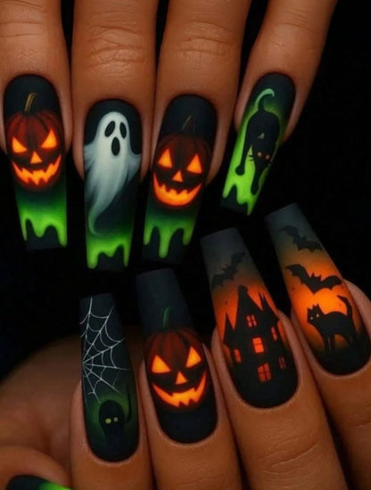 🎃🧡💚 Neon Green & Orange Halloween False Nails 💚🧡🎃