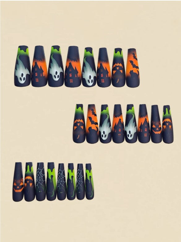 🎃🧡💚 Neon Green & Orange Halloween False Nails 💚🧡🎃