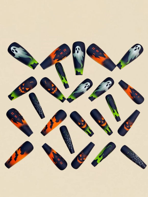🎃🧡💚 Neon Green & Orange Halloween False Nails 💚🧡🎃