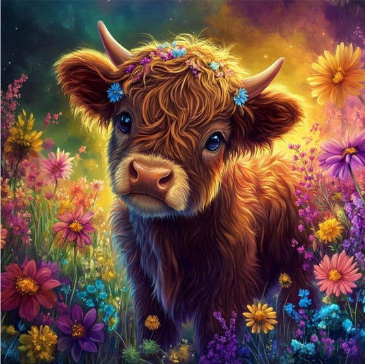 🐮✨ Highland Cow Diamond Painting With Multicoloured Flowers ✨🐮