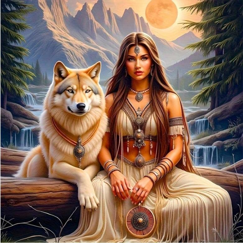 🐺 Native American Inspired Girl & Wolf Diamond Painting Kit 🐺