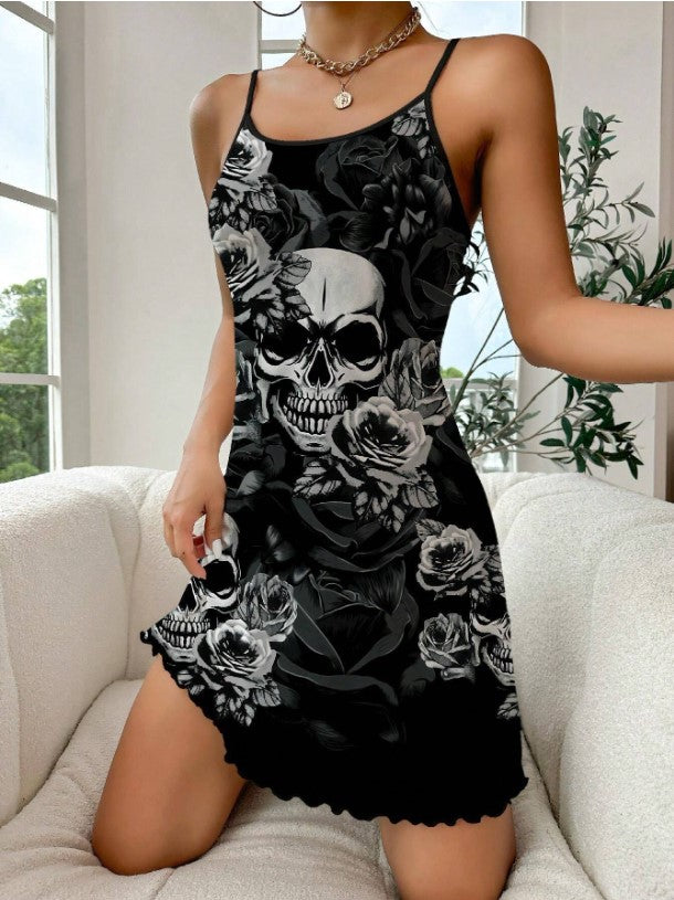 🖤🌹 Gothic Rose With Skull Print Slip Dress/Nightie 🌹🖤