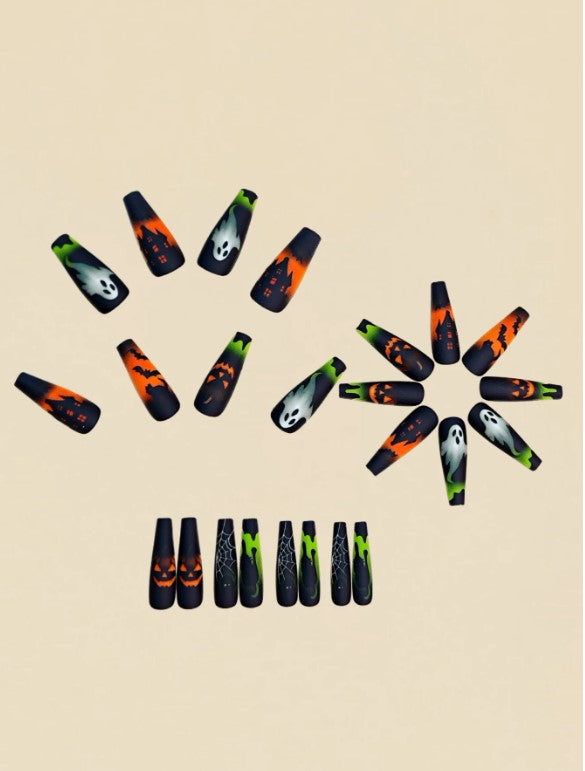 🎃🧡💚 Neon Green & Orange Halloween False Nails 💚🧡🎃