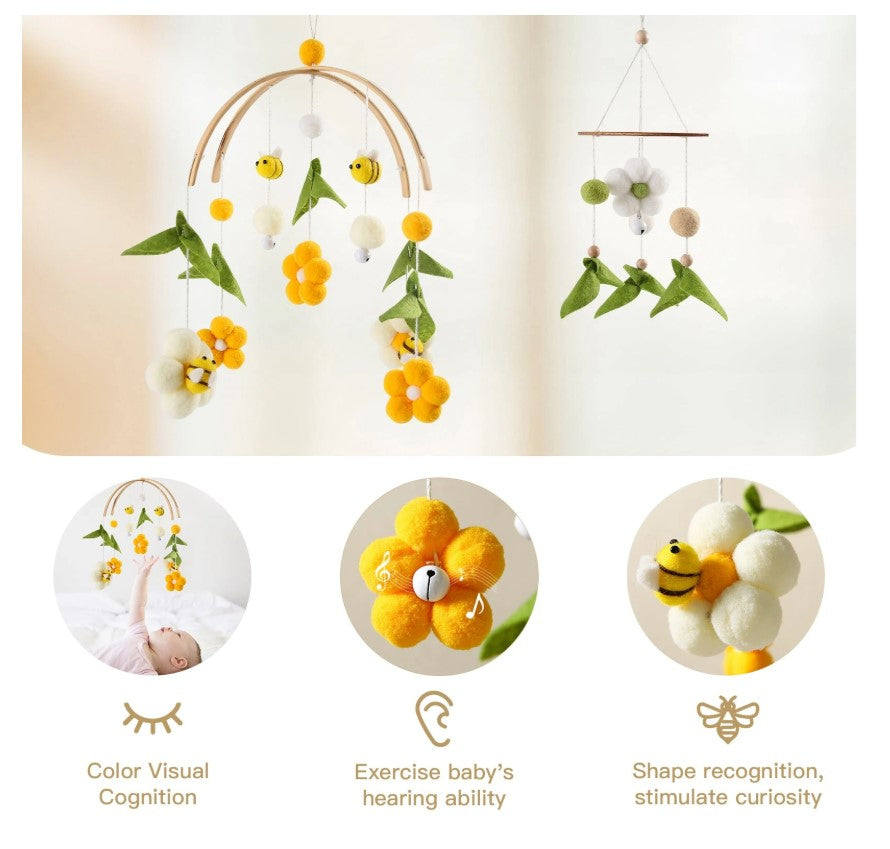 🌼🐝 Baby Bee & Flower Wooden Arc Woven Crib Mobile 🐝🌼
