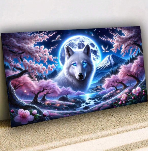 🐺 White Wolf with Blue Eyes & Cherry Blossom Diamond Painting Kit 🐺